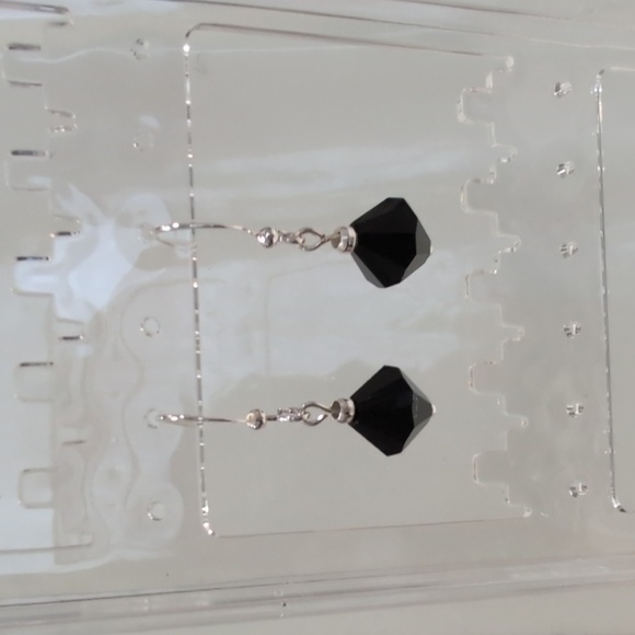 Jewelry - Handmade Black Swarovski 10mm Bicone Silver Plated Dangle Earrings